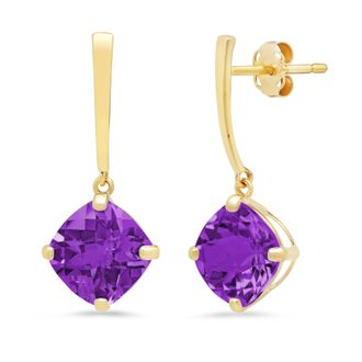 MAX + STONE 14k White or Yellow Gold 8mm Solitaire Cushion Cut Gemstone Drop Dangle Earrings