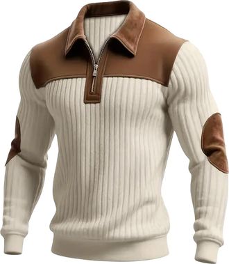 Generic DENGJIAMY Mens Quarter Zip Pullover Collared Sweatshirts Color Block Fall Shirt Long Sleeve Fashion Vintage Clothes Workout Tops for Men (Beige, M)