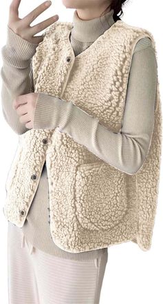 Generic Teddy Fleece Gilet for Women Sleeveless V-neck Button Down Vest Sherpa Fluffy Solid Lightweight Waistcoat Cozy Autumn Winter Jackets with Pockets Ladi