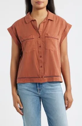 Cloth & Stone Openwork Detail Short Sleeve Button-Up Shirt in Topaz Honey at Nordstrom Rack, Size X-Small