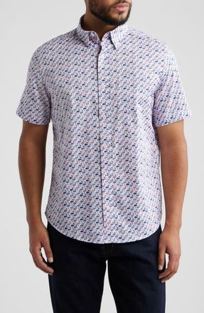 Johnston & Murphy Logan Flamingo Print Short Sleeve Cotton Blend Button-Up Shirt in Pink /Blue Flamingos at Nordstrom, Size Xxx-Large