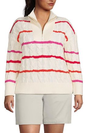 Lands End Drifter Cotton Quarter Zip Pullover Sweater in Fresh Ivory Wide Multi Stripe at Nordstrom, Size 2X