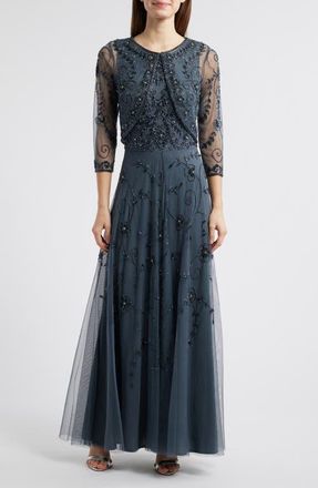 Pisarro Nights Beaded Mesh Gown with Jacket in New Steel at Nordstrom, Size 6
