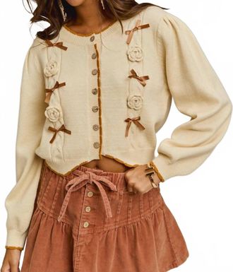 So Me Ribbon And Rose Cardigan In Cream/camel