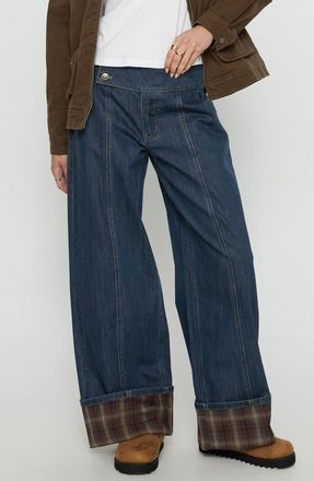 Princess Polly Nikolette Foldover Wide Leg Jeans in Dark Wash /Check at Nordstrom, Size 2