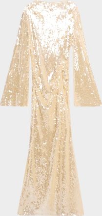 Sally Lapointe Sequined Mesh Long-Sleeve Maxi Dress