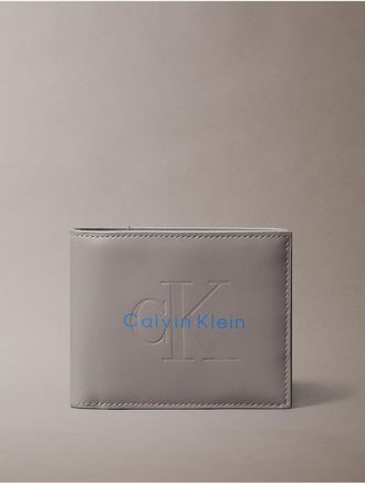 Calvin Klein Mens Embossed Monologo Bifold Wallet with Coin Pouch - Grey