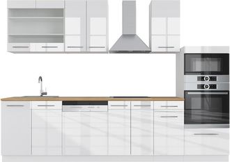 Vicco Mueble De Cocina Fame-line, Blanco Alto Brillo/blanco, 300 Cm Con Armario Alto, Et Roble