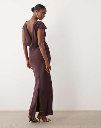 Asos Vestito lungo accollato con spalle drappeggiate e scollo ad anello sul retro-Marrone