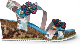 Laura Vita Laura Vita Womens Bonito 32 Turquoise Blue Floral Leather Wedge Espadrille Sandals - Size EU 36