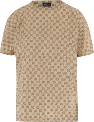 Gucci Beige Logo Print Crew Neck T-Shirt