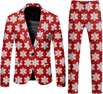 Generic Mens Christmas Suit Xmas Tree Printed Party Lapel Single Button Long Sleeved Suit Holiday Clothes 2 Piece Suits One Button Notched Lapel Slim Fit Tuxe