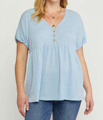 Entro Waffle Knit Babydoll Top In Light Blue