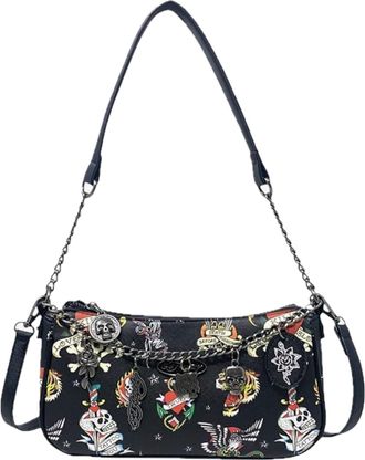 Ed Hardy Womens Shoulder Crossbody Bag, Black Print W/ Charms, One Size, Classic