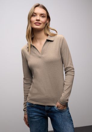Street One Langarm-Poloshirt STREET ONE, Damen, Gr. 38, light terra mocha meliert, Jersey, Obermaterial: 96% Baumwolle, 4% Elasthan, unifarben, tailliert h&uuml;ftbed