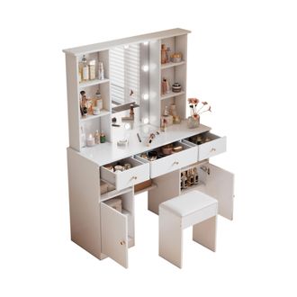STILVORA Tocador Con 3 Cajones, 2 Puertas, 4 Estantes Abiertos Y Luz Led Regulable Con Espejo Para Dormitorio 110&times;40&times;151 Cm