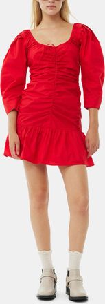 Ganni Red Cotton Poplin Gathered U-neck Mini Dress - Size 32 Organic