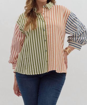 Entro Colorblock Stripe Button Down Top In Olive