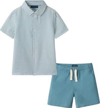 Andy & Evan Kids Stripe Seersucker Button-Up Shirt & Shorts Set in Teal Stripe at Nordstrom, Size 2Y