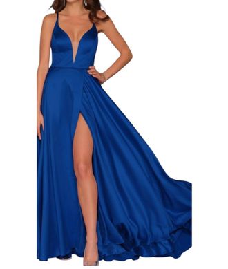 Dave & Johnny Lace-Up Back Faux Wrap A Line Prom Dress In Royal