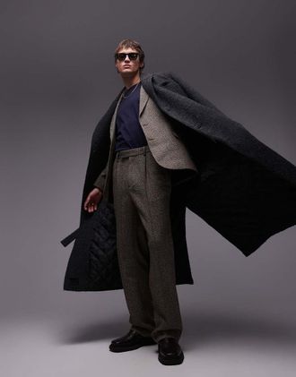 Topman Pantaloni da abito a vita alta comodi marroni testurizzati-Marrone