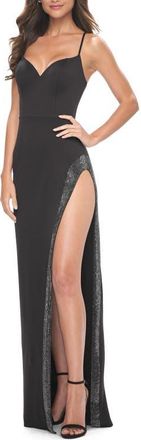 La Femme Prom Dress with High Slit Embellished with Rhinestones in Black at Nordstrom, Size 10