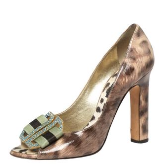 Roberto Cavalli Brown/beige Leopard Print Patent Leather Embellished Buckle Detail Peep-Toe Pumps