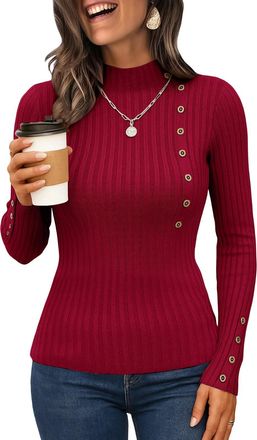 Generic Womens Jumpers Crew Neck Long Sleeve Ribbed Knit Pullover Sweater with Decorative Button Design Fashion Slim Fit Ladies Jumpers Wine L