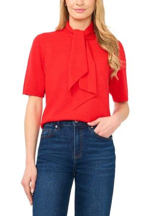 CeCe by Cynthia Steffe Tie Neck Short Sleeve Sweater in Bright Red at Nordstrom, Size X-Large