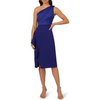 Adrianna Papell One-Shoulder Satin Cocktail Midi Dress in Dark Blue Violet at Nordstrom Rack, Size 14