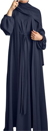 Generic VEMOW Muslim Dress for Women Arabian Robe Sleeveless Long Tank Dress + Long Sleeve Kaftan with Headscarf & Belt Loose Fit Full Length Maxi Dresses Isl