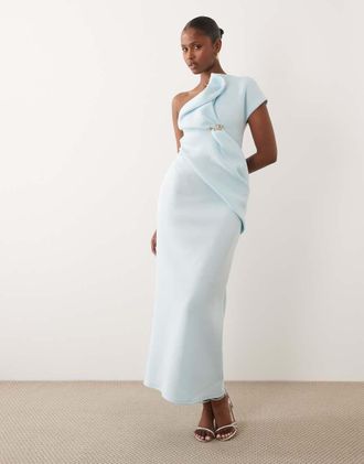Asos Vestito midi monospalla asimmetrico in tessuto stile scuba azzurro con finiture-Blu