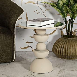 Dmora Mesa De Centro Famefali, Forma Redonda, Tapa Transparente, Estructura De Vidrio, 45x45x50h Cm Blanco Crema