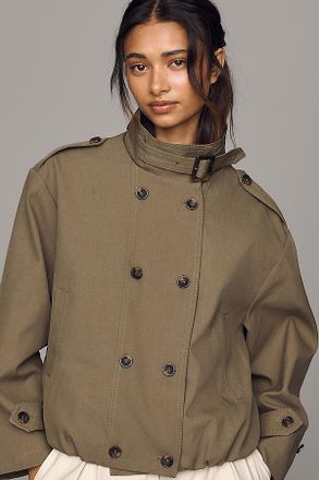 Maeve Retta Funnel-Neck Double-Breasted Short Trench Coat Jacket