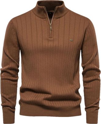 Generic Autumn Zipper Pullover Sweaters for Men Warm Winter Stand Collar Cotton Knitted Sweater Brown EUR M 70-80kg