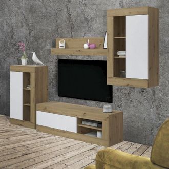 Dmora Dmora - Parete attrezzata 0, Mobile da soggiorno porta TV, Composizione per salotto con 3 pensili e 1 mensola, 270x35h113 cm, Rovere e Bianco