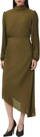 AllSaints Milena Pleated Long Sleeve Asymmetric Dress in Olive Khaki Green at Nordstrom, Size 12