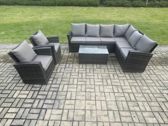 Fimous 8 Seater High Back Outdoor Garden Furniture Set Rattan Corner Sofa Set With Rectangular Coffee Table in Dark Grey