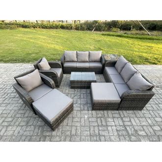 Fimous Fimous 10 Seater Rattan Outdoor Garden Furniture Sofa Set Patio Table & Chairs Set with 3 Seater Sofa Reclining Chair 2 Big Footstool 3 Seater Sofa 2