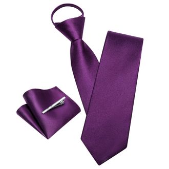 Barry.Wang Solid Color Pre-tied Ties for Men Zipper Necktie and Pocket Square Tie Clip Set Adjustable Neck Tie Wedding, Dark Purple, One Size