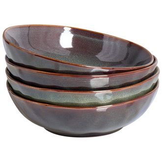 Beliani Conjunto De 4 Platos Hondos Cuenco Para Pasta De Gres Caol&iacute;n Artesanal Acabado Esmalte Reactivo Verde Oscuro Thyme