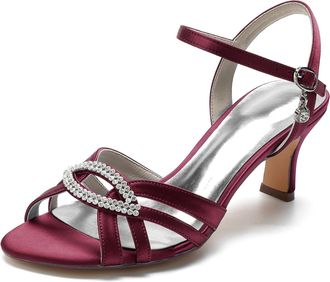 Minitoo Ladies Party Heels Sandals Slingback Low Heel Wedding Evening Shoes with Rhinestones BR071 Burgundy UK 5