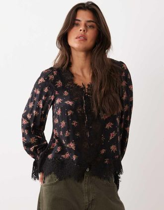 Nobody's Child blusa nera floreale con scollo a V, profili in pizzo e dettaglio da annodare-Multicolore