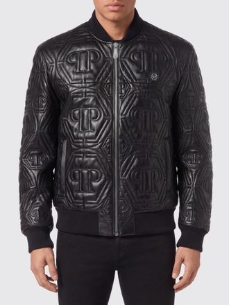 Philipp Plein Quilted Calfskin Leather Bomber Jacket with Tonal Hexagon Logo