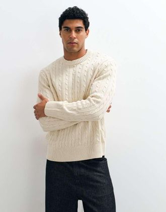 Selected maglione a trecce color crema-Bianco