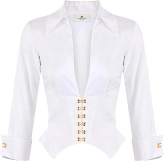 Elisabetta Franchi Blouses, female, White, L, Stretch Cotton Shirt with Jewel Claps