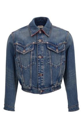 Versace Crop Denim Trucker Jacket in Medium Blue at Nordstrom, Size 40 Us