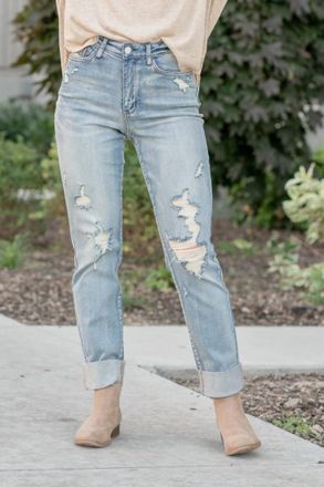 Judy Blue High Waist Double Cuff Fray Hem Distressed Boyfriend Jeans In Medium Blue Wash
