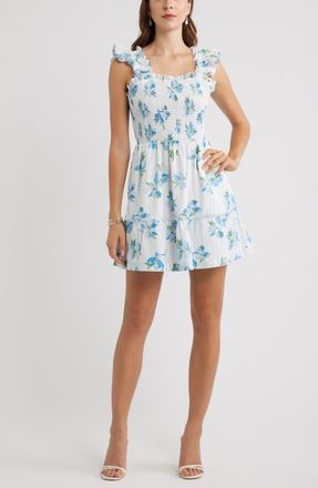 Chelsea28 Smocked Tiered Cotton Ruffle Trim Minidress in Blue- Green Striped Floral at Nordstrom, Size Xx-Small