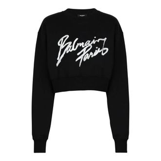 Balmain Sweatshirts, female, Black, S, Cropped Printed Cotton Sweatshirt